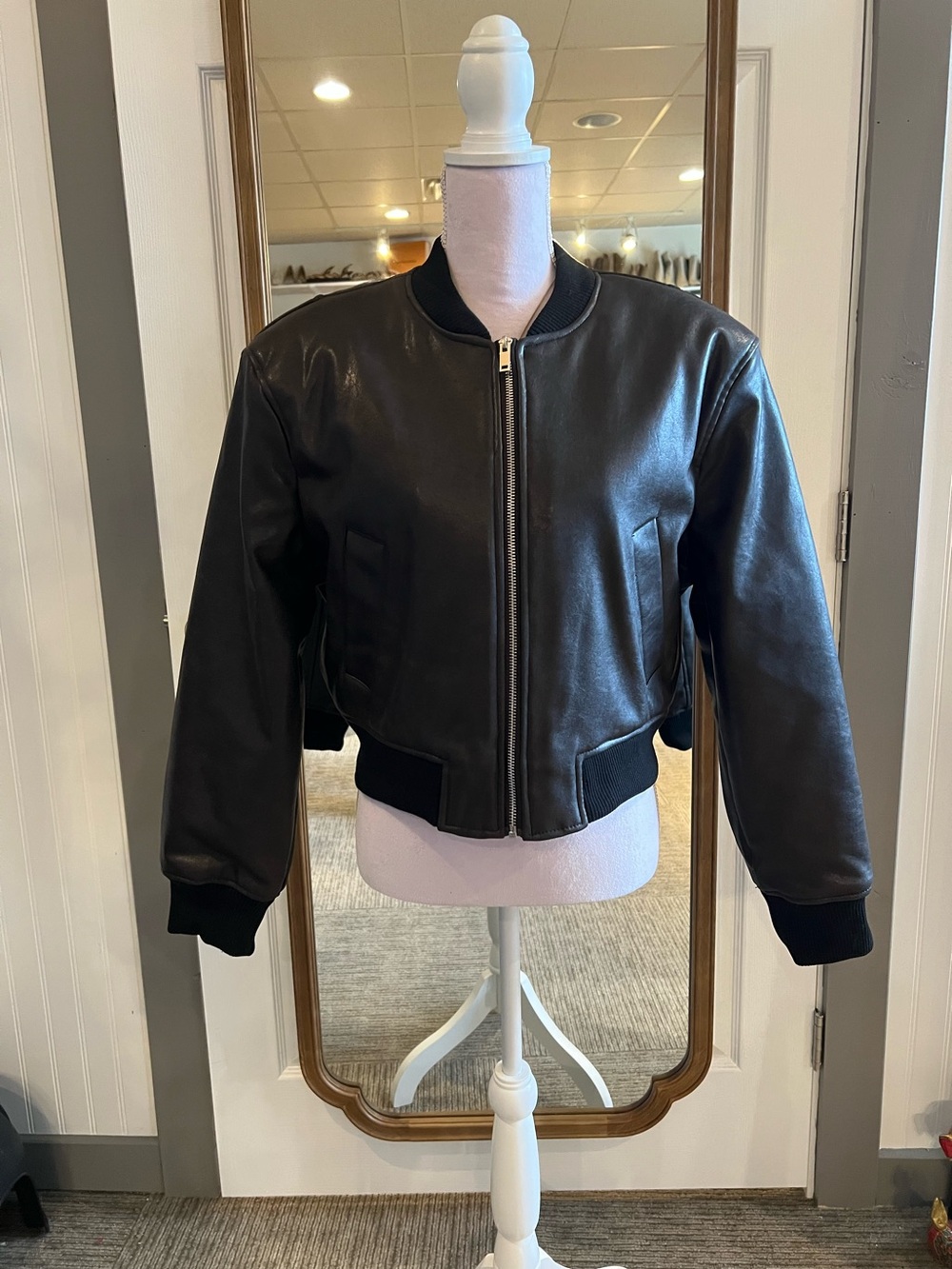 Black Faux Leather Bomber Jacket
